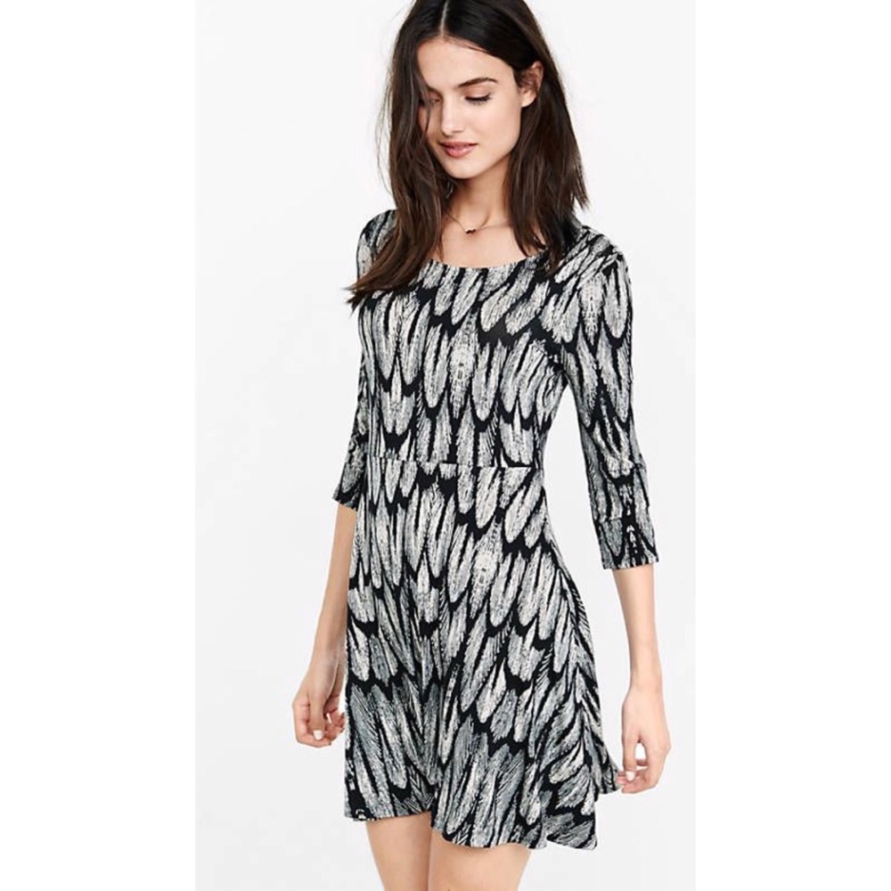 Express Feather Print Scoop Back Skater Dress